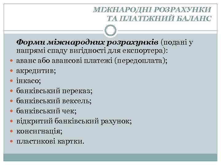 МІЖНАРОДНІ РОЗРАХУНКИ ТА ПЛАТІЖНИЙ БАЛАНС Форми міжнародних розрахунків (подані у напрямі спаду вигідності для