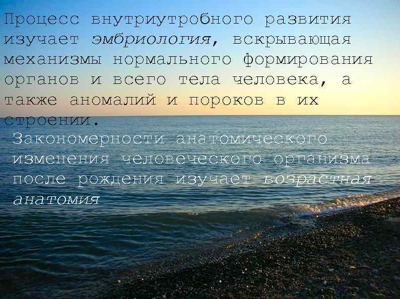 Процесс внутриутробного развития изучает эмбриология, вскрывающая механизмы нормального формирования органов и всего тела человека,