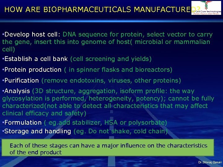 HOW ARE BIOPHARMACEUTICALS MANUFACTURED? • Develop host cell: DNA sequence for protein, select vector