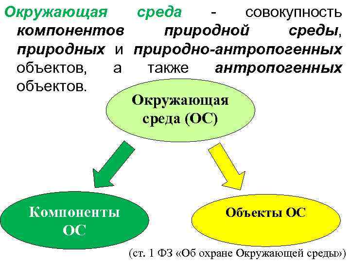 Окружающая среда совокупность компонентов природной среды, природных и природно-антропогенных объектов, а также антропогенных объектов.