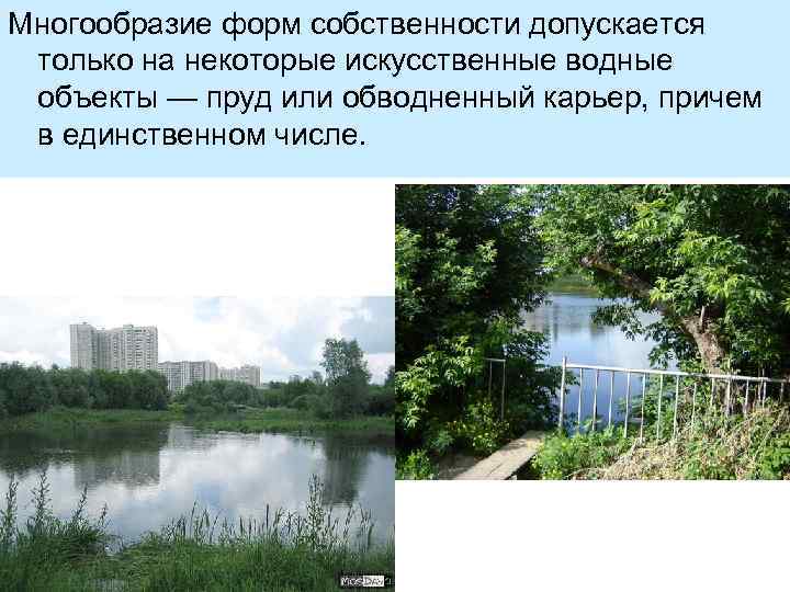 Многообразие форм собственности допускается только на некоторые искусственные водные объекты — пруд или обводненный