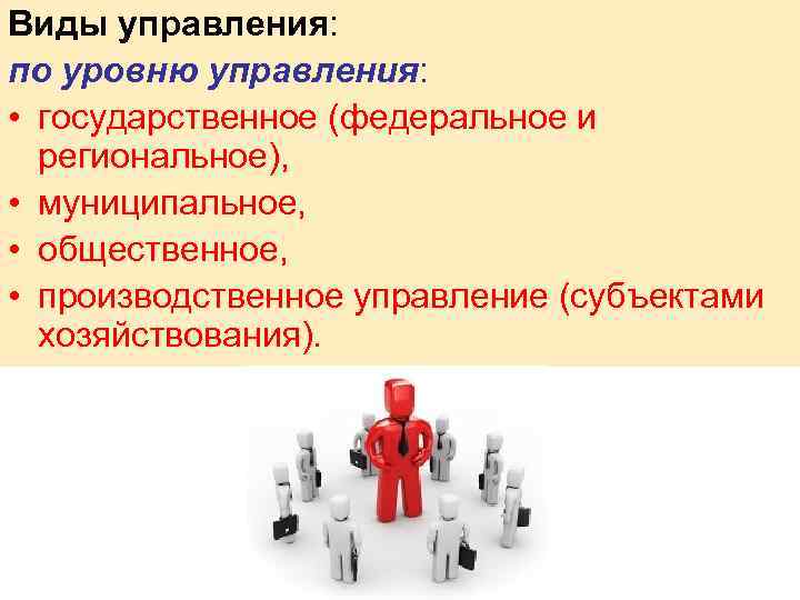 Виды управления: по уровню управления: • государственное (федеральное и региональное), • муниципальное, • общественное,