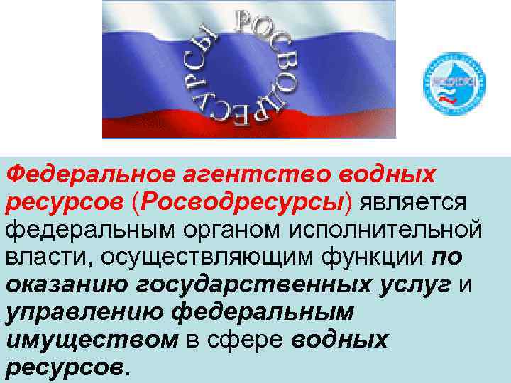 Федеральное агентство водных ресурсов (Росводресурсы) является федеральным органом исполнительной власти, осуществляющим функции по оказанию