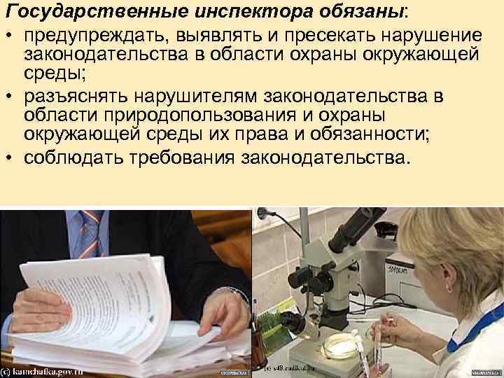 Государственные инспектора обязаны: • предупреждать, выявлять и пресекать нарушение законодательства в области охраны окружающей