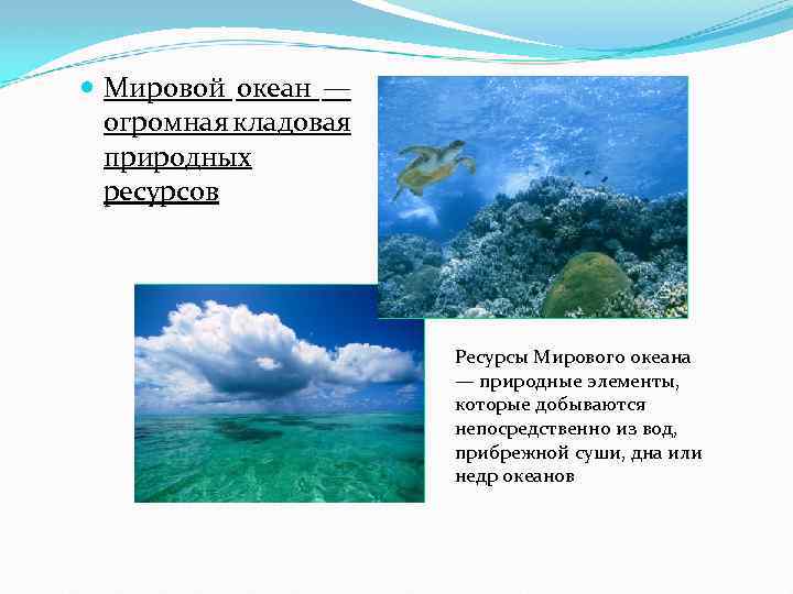  Мировой океан — огромная кладовая природных ресурсов Ресурсы Мирового океана — природные элементы,