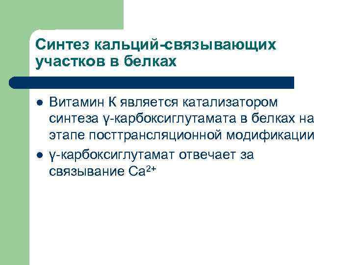 Синтез кальций-связывающих участков в белках l l Витамин К является катализатором синтеза γ-карбоксиглутамата в