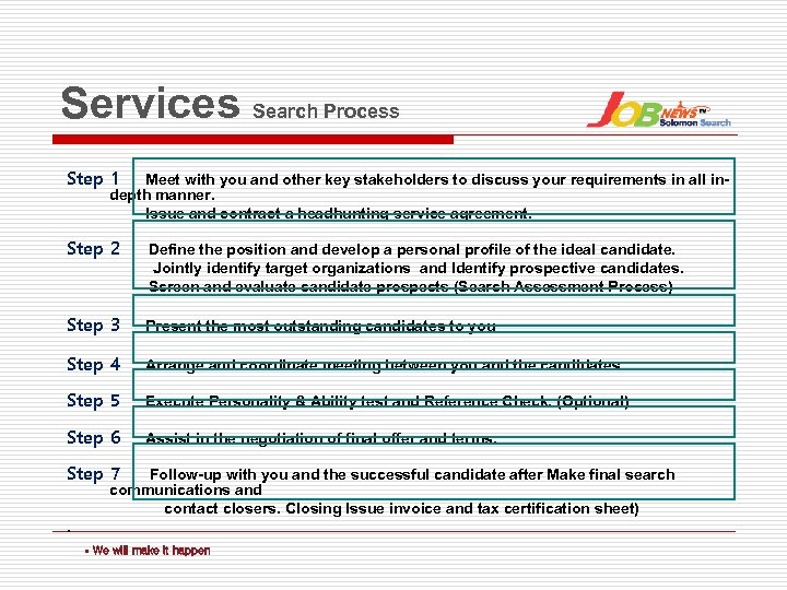 Services Search Process Step 1 Meet with you and other key stakeholders to discuss