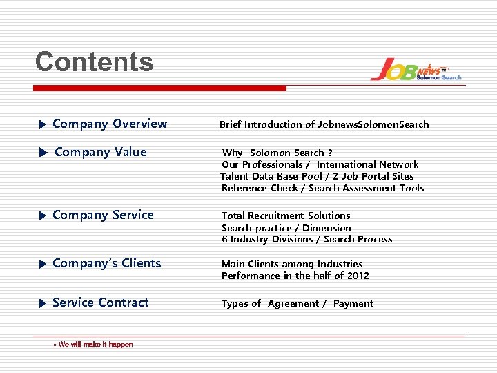 Contents ▶ Company Overview Brief Introduction of Jobnews. Solomon. Search ▶ Company Value Why