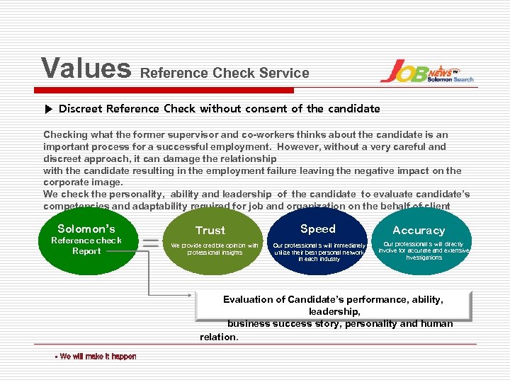 Values Reference Check Service ▶ Discreet Reference Check without consent of the candidate Checking