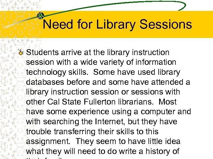 Need for Library Sessions Students arrive at the library instruction session with a wide