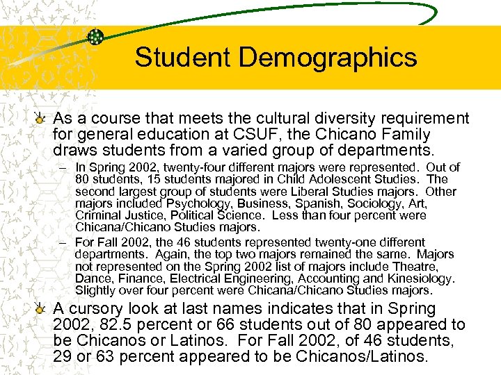 Student Demographics As a course that meets the cultural diversity requirement for general education