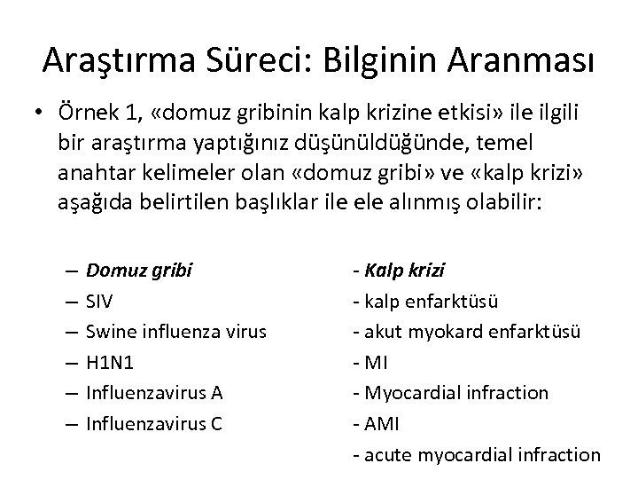 Araştırma Süreci: Bilginin Aranması • Örnek 1, «domuz gribinin kalp krizine etkisi» ile ilgili