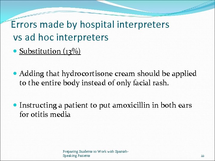 Errors made by hospital interpreters vs ad hoc interpreters Substitution (13%) Adding that hydrocortisone