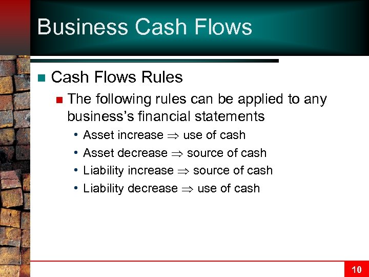 Business Cash Flows n Cash Flows Rules n The following rules can be applied