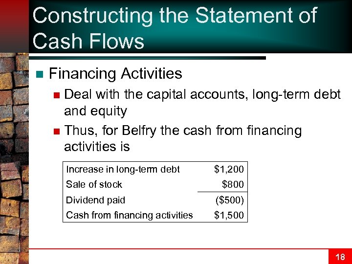 Constructing the Statement of Cash Flows n Financing Activities Deal with the capital accounts,