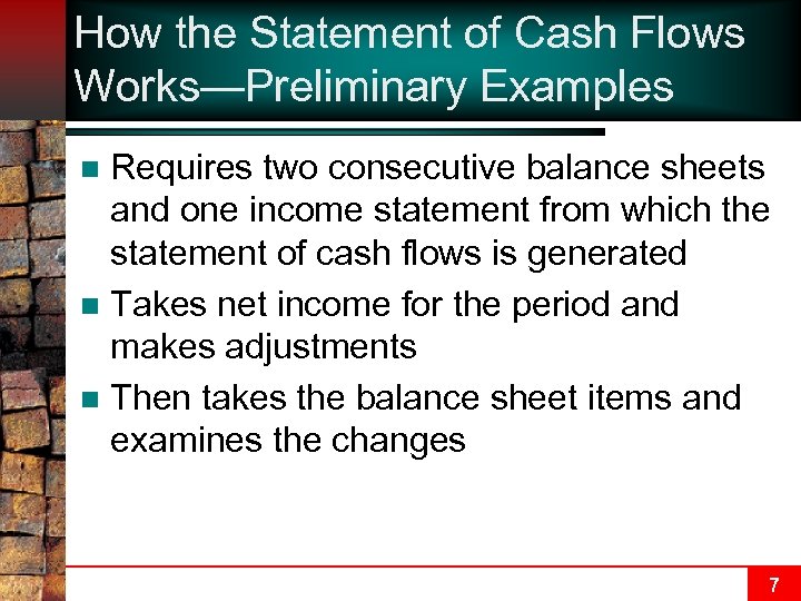 How the Statement of Cash Flows Works—Preliminary Examples Requires two consecutive balance sheets and