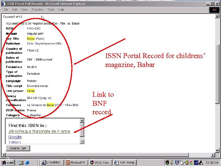 ISSN Portal Record for childrens’ magazine, Babar Link to BNF record 3 