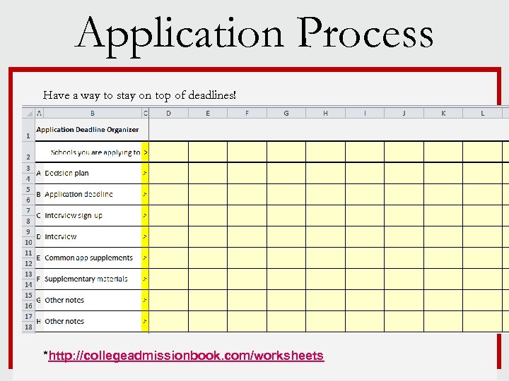 Application Process Have a way to stay on top of deadlines!  *http: //collegeadmissionbook.