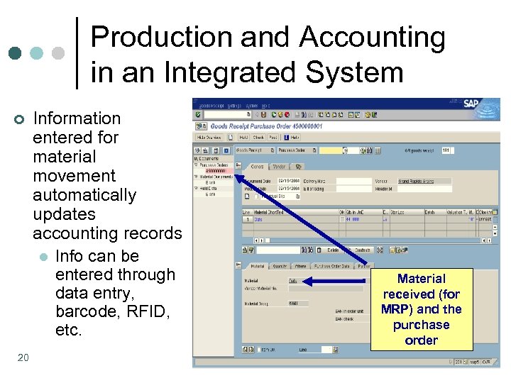 Production and Accounting in an Integrated System ¢ 20 Information entered for material movement