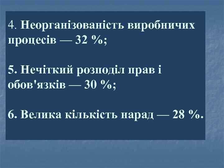 4. Неорганізованість виробничих процесів — 32 %; 5. Нечіткий розподіл прав і обов'язків —