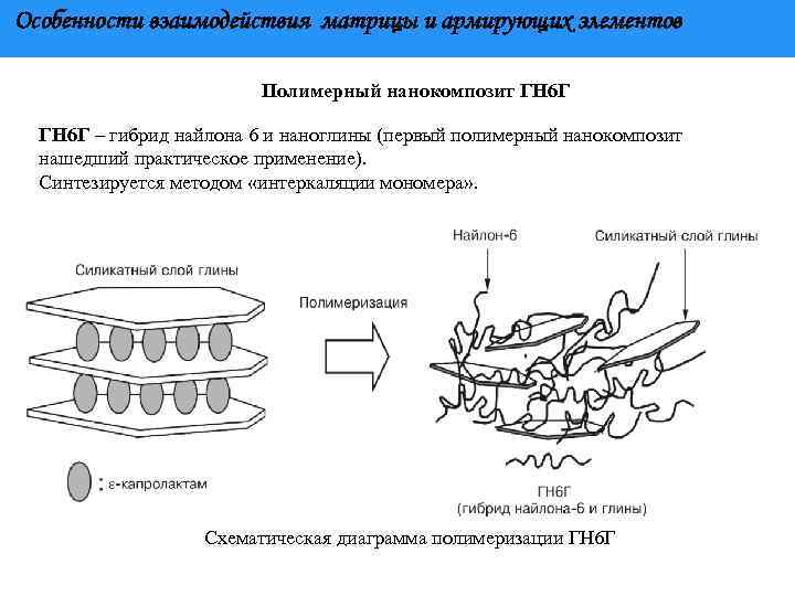 Особенности взаимодействия матрицы и армирующих элементов Полимерный нанокомпозит ГН 6 Г – гибрид найлона