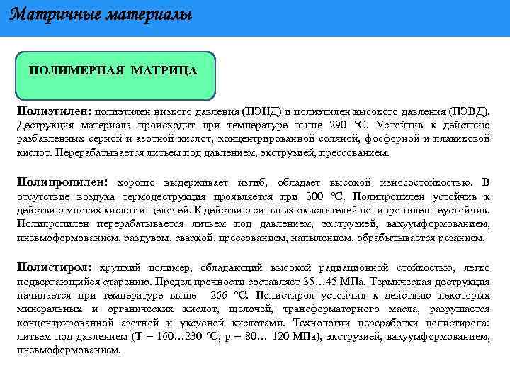 Матричные материалы ПОЛИМЕРНАЯ МАТРИЦА Полиэтилен: полиэтилен низкого давления (ПЭНД) и полиэтилен высокого давления (ПЭВД).