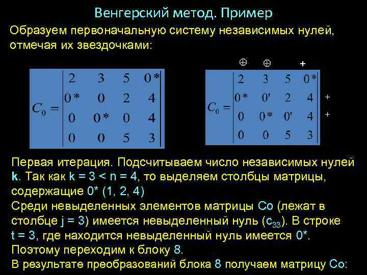 Венгерский метод. Пример Образуем первоначальную систему независимых нулей, отмечая их звездочками: + + +