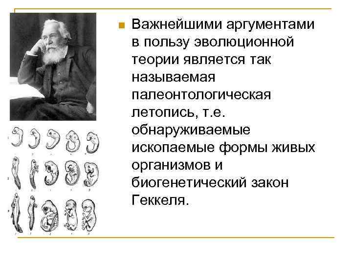 n Важнейшими аргументами в пользу эволюционной теории является так называемая палеонтологическая летопись, т. е.