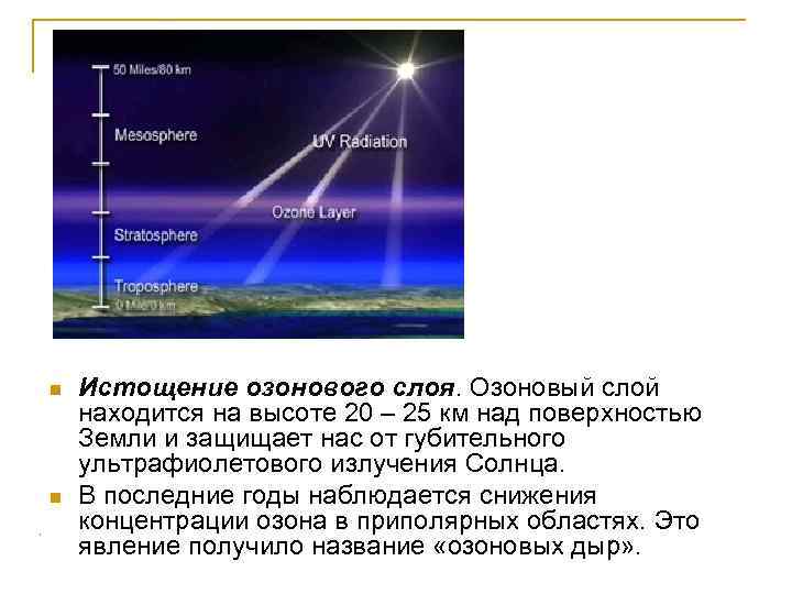 n n Истощение озонового слоя. Озоновый слой находится на высоте 20 – 25 км