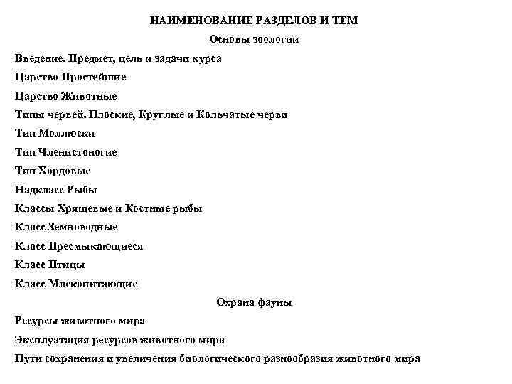 НАИМЕНОВАНИЕ РАЗДЕЛОВ И ТЕМ Основы зоологии Введение. Предмет, цель и задачи курса Царство Простейшие