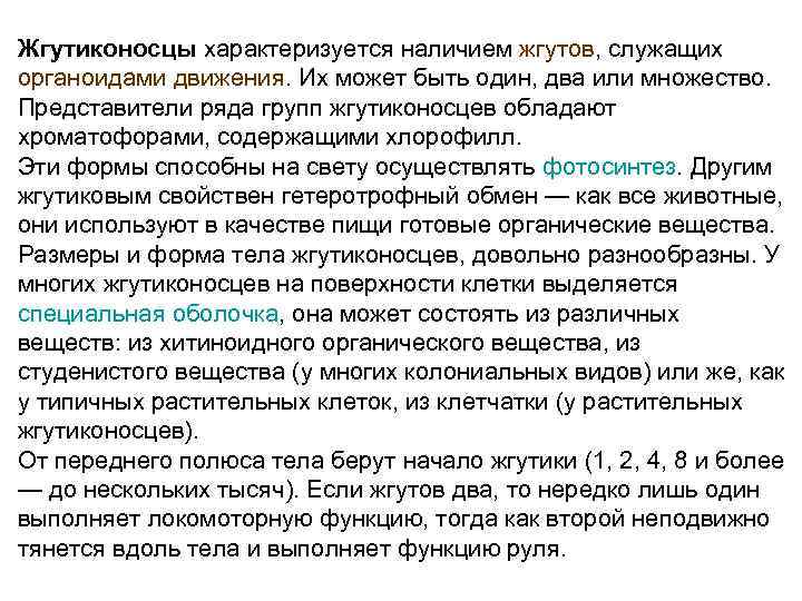 Жгутиконосцы характеризуется наличием жгутов, служащих органоидами движения. Их может быть один, два или множество.