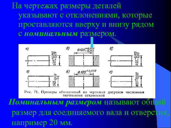 На чертежах размеры деталей указывают с отклонениями, которые проставляются вверху и внизу рядом с