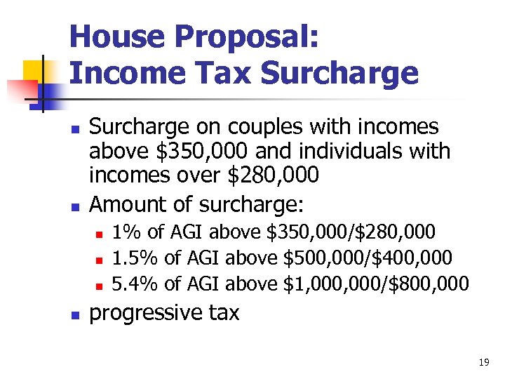 House Proposal: Income Tax Surcharge n n Surcharge on couples with incomes above $350,