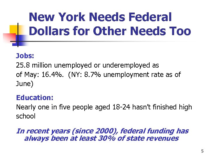 New York Needs Federal Dollars for Other Needs Too Jobs: 25. 8 million unemployed