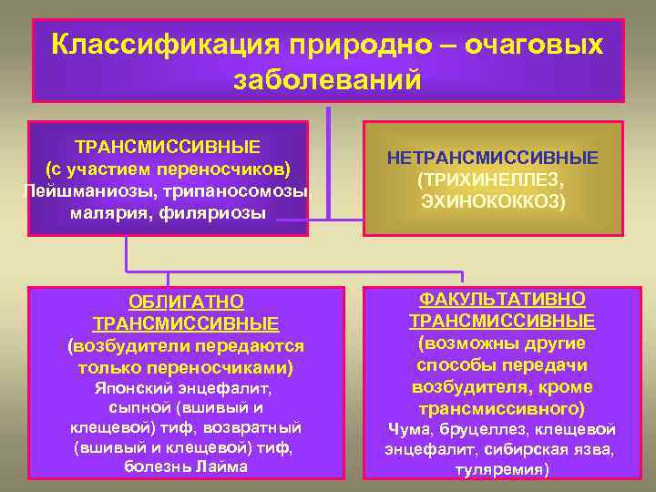 Классификация природно – очаговых заболеваний ТРАНСМИССИВНЫЕ (с участием переносчиков) Лейшманиозы, трипаносомозы, малярия, филяриозы ОБЛИГАТНО