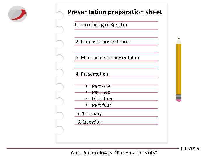 Presentation preparation sheet 1. Introducing of Speaker 2. Theme of presentation 3. Main points