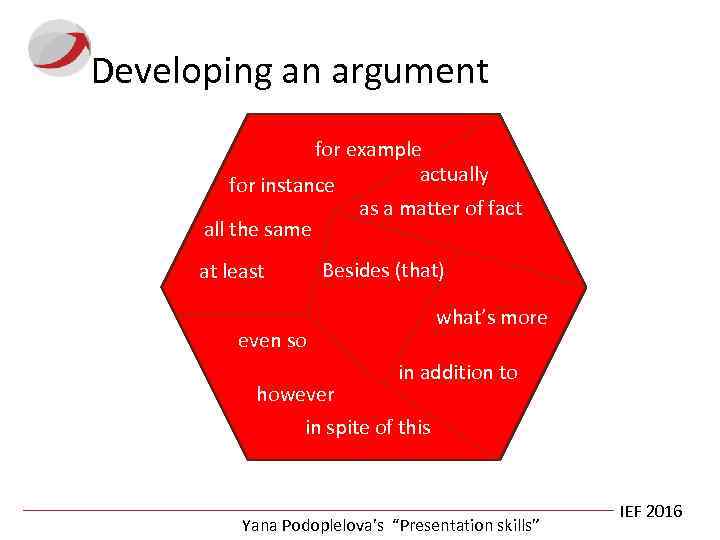 Developing an argument for example actually for instance as a matter of fact all