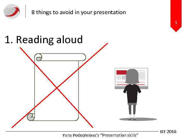 8 things to avoid in your presentation 1 1. Reading aloud Yana Podoplelova’s “Presentation