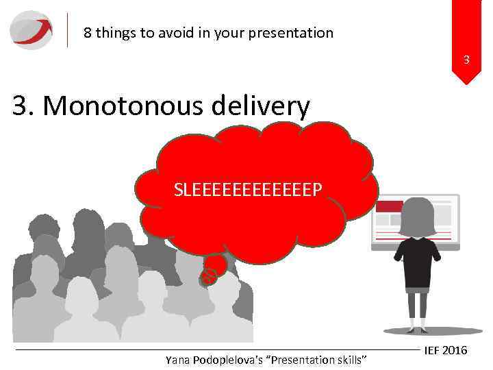 8 things to avoid in your presentation 3 3. Monotonous delivery SLEEEEEEP Yana Podoplelova’s