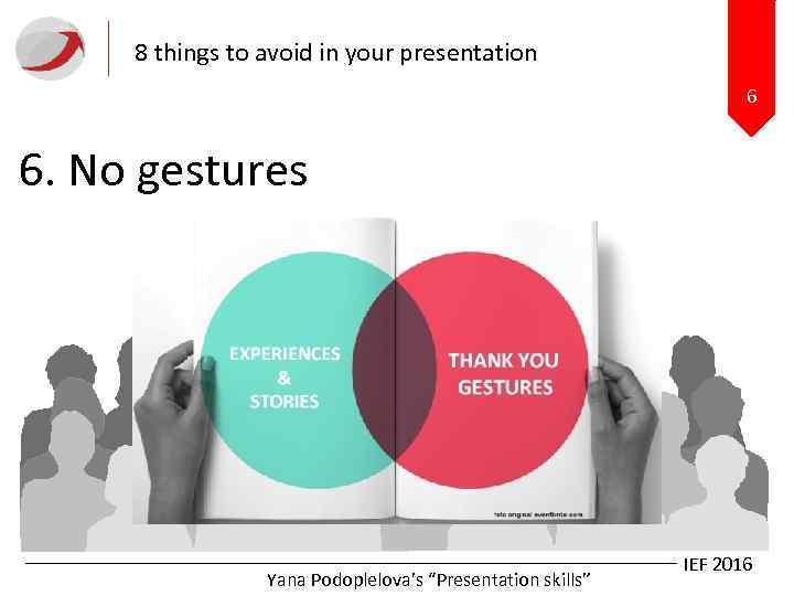 8 things to avoid in your presentation 6 6. No gestures Yana Podoplelova’s “Presentation