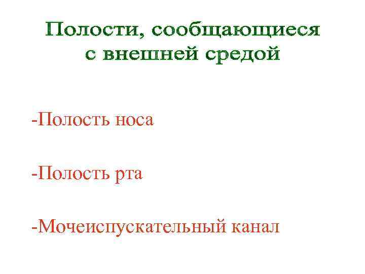 -Полость носа -Полость рта -Мочеиспускательный канал 