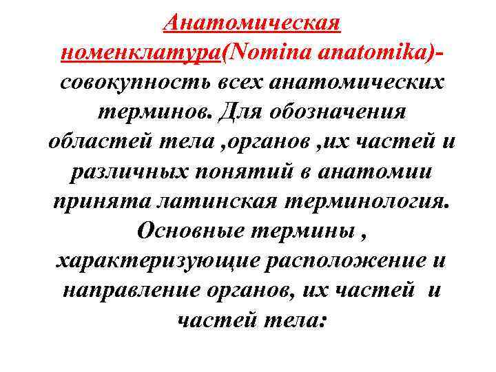 Анатомическая номенклатура(Nomina anatomika)- совокупность всех анатомических терминов. Для обозначения областей тела , органов ,