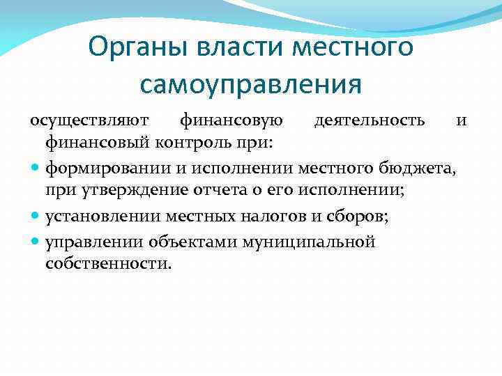 Органы власти местного самоуправления осуществляют финансовую деятельность и финансовый контроль при: формировании и исполнении