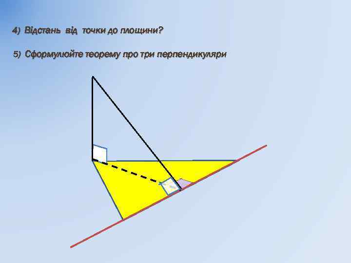 4) Відстань від точки до площини? 5) Сформулюйте теорему про три перпендикуляри 