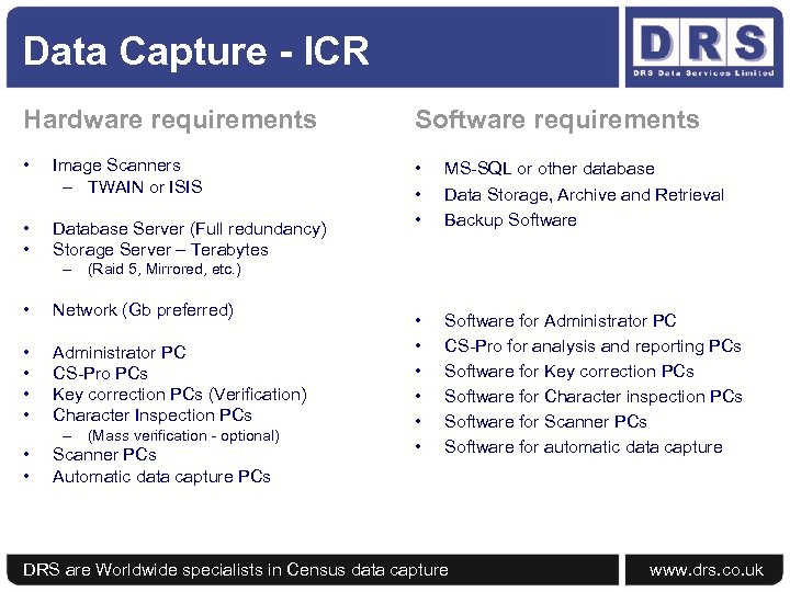 Data Capture - ICR Hardware requirements Software requirements • Image Scanners – TWAIN or