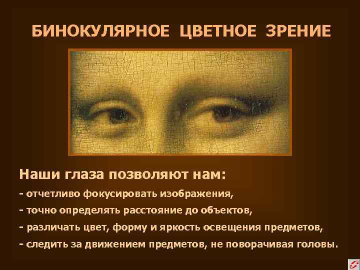 БИНОКУЛЯРНОЕ ЦВЕТНОЕ ЗРЕНИЕ Наши глаза позволяют нам: - отчетливо фокусировать изображения, - точно определять
