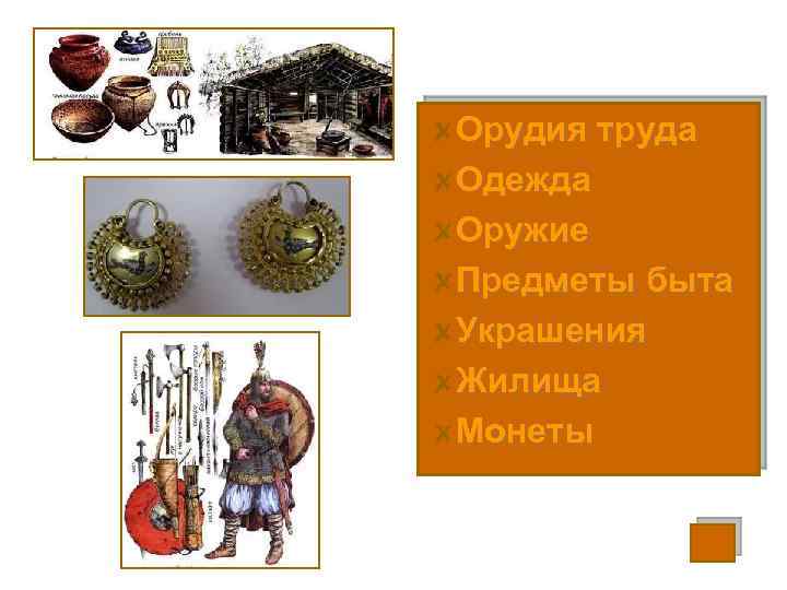 Орудия труда Одежда Оружие Предметы быта Украшения Жилища Монеты 