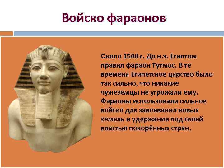 Войско фараонов Около 1500 г. До н. э. Египтом правил фараон Тутмос. В те