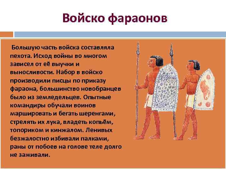 Войско фараонов Большую часть войска составляла пехота. Исход войны во многом зависел от её