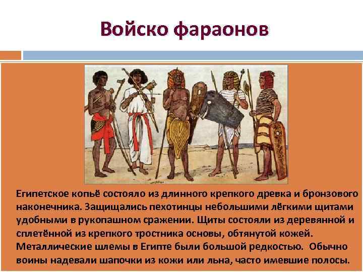 Войско фараонов Египетское копьё состояло из длинного крепкого древка и бронзового наконечника. Защищались пехотинцы